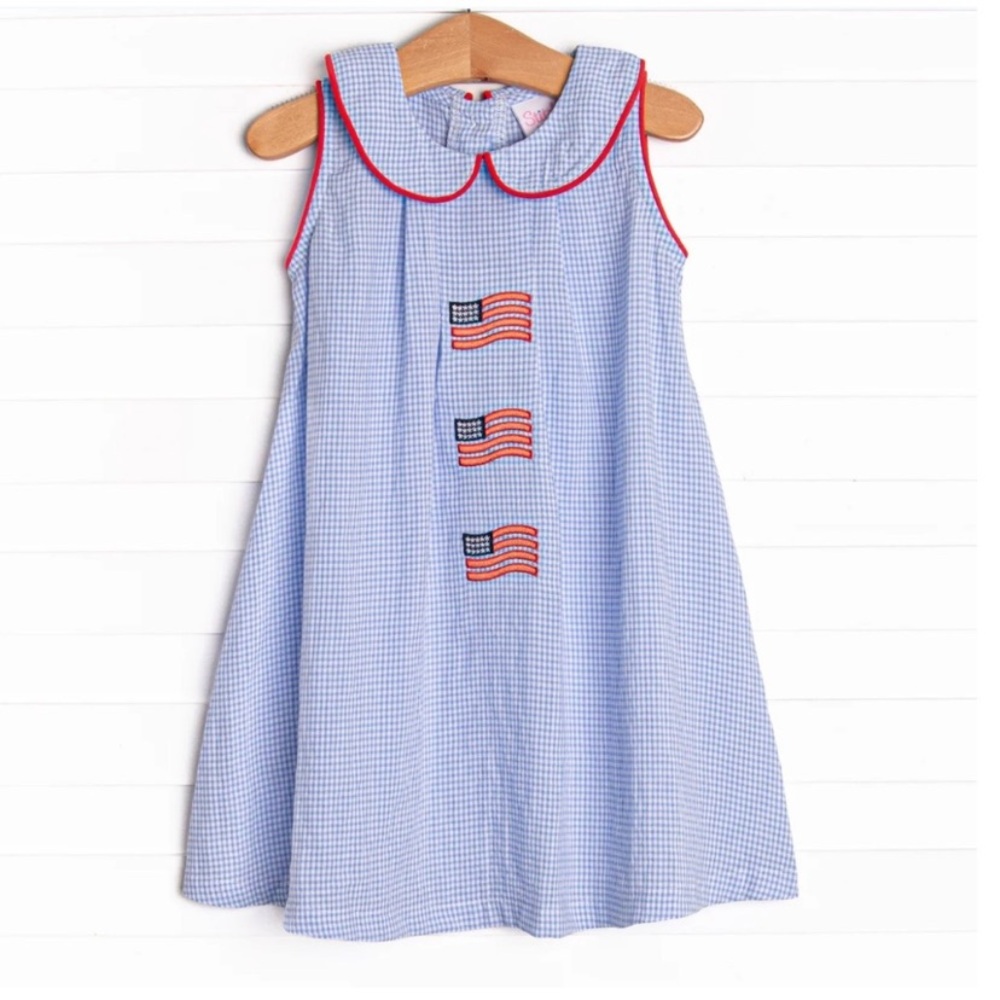 Girls Blue Gingham Flag Appliqué Dress with Red Trim